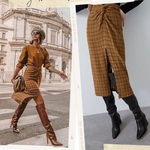 NWT Zara Plaid Pencil Skirt With Knot